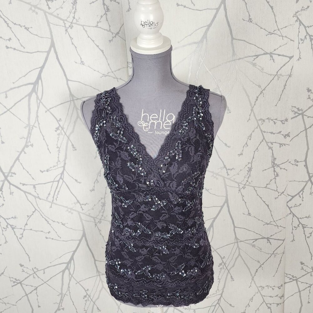 Le Chateau Lace Overlay Sequin Beaded Y2K Faux Wrap Tank